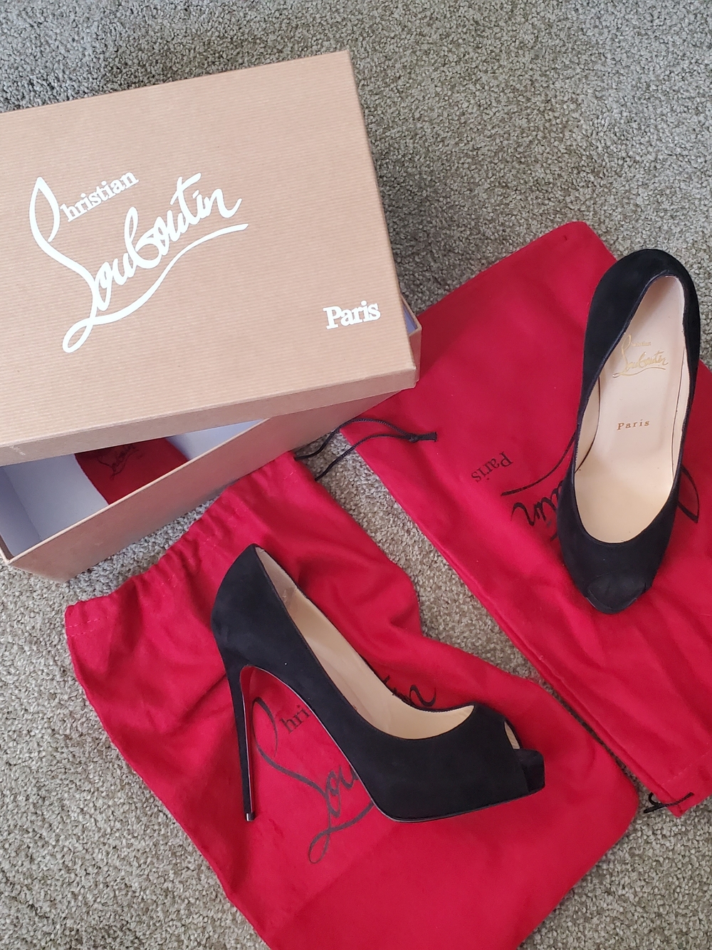 Christian Louboutin Black Suede Peep-Toe Stilettos with Red Dust Bags